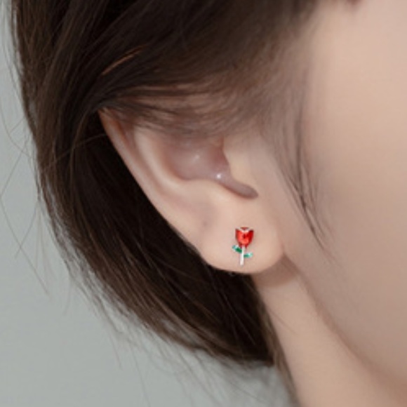 Sterling Silver Red Rose Earrings Floral Flower Red Green Stud Earrings - Picture 4 of 5